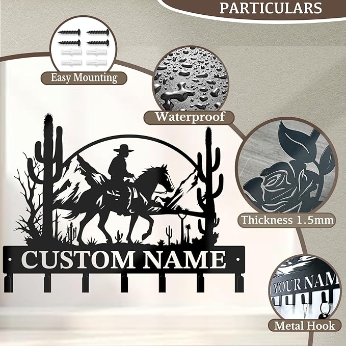 Custom Western Cowboy Metal Iron Key Hooks,Personalized Name & Text Engraving,Decor Wall Keys Holder for Home Entryway (Style B)