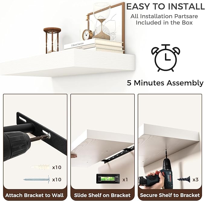 Floating Shelves for Wall, 36 Inch Wide x 12 Inch Deep Floating Shelves, Long Wood Floating Wall Shelf Shelves for Living Room Bathroom Bedroom Kitchen Home - (White, 36" W x 12" D x 2" H)