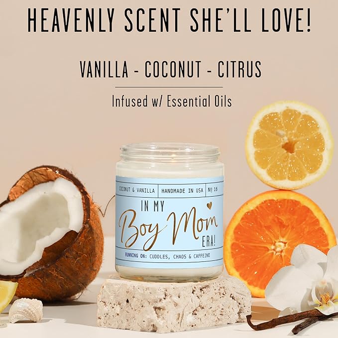 Boy Mom Gifts for Mothers Day - 'in My Boy Mom Era' Soy Candle, w/Vanilla, Coconut & Citrus I 50Hr Burn, Made in USA