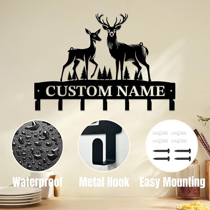 Personalized Custom Name Forest Deer Wall Keys Hooks,Metal Forest Deer Art Clothes Hooks,Metal Forest Deer Wall Home Storage Decorative,For Front Door, Hallway, Kitchen, Bedroom,Keys,Hats (Style H)