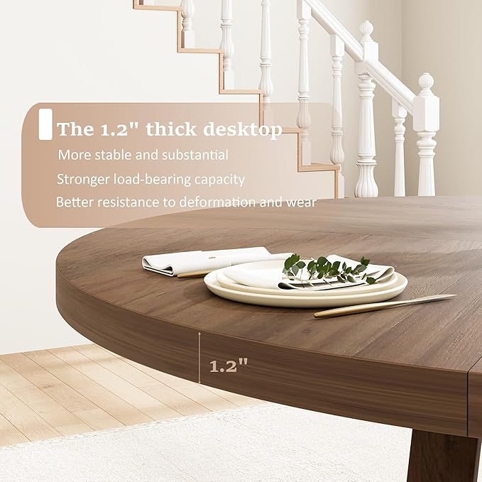 GarveeHome Round Dining Table for 4,Kitchen Dining Room Circle Dinner Pedestal Table,Space Saving Wood Kitchen & Dining Room Furniture,Brown 47-inch Diameter