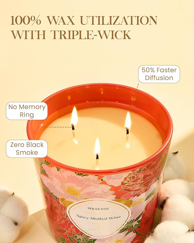 M&SENSE Spicy Mulled Wine Scented Candle, 28.2oz 3 Wick Natural Soy Wax Large Candles, Long Lasting Clean Slow Burning No Toxic Décor for Home Relaxation, Romantic Dates & Gift-Giving