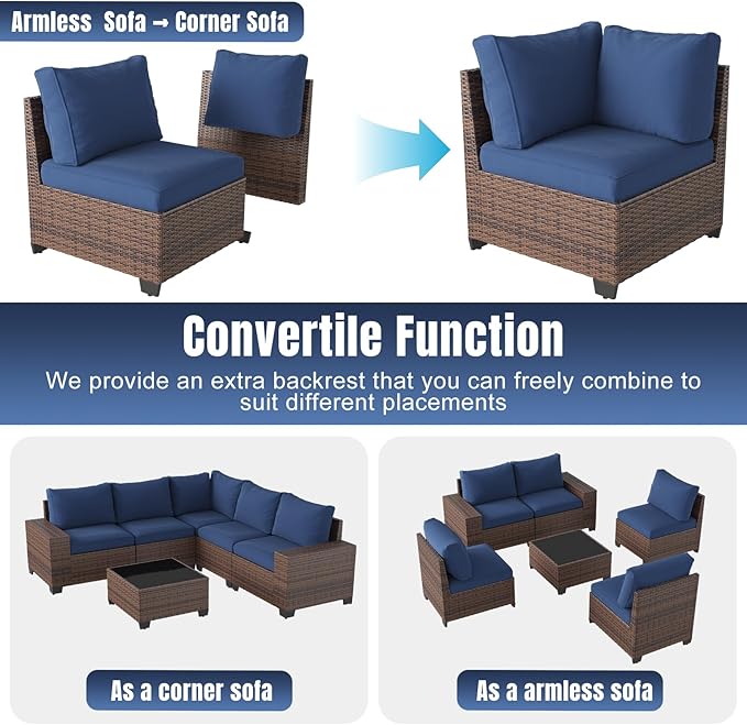 Aoxun 6 Pieces Patio Furniture Set Wicker Rattan Outdoor Sectional Conversation Set with Coffee Table and 4” Thickened Cushions, Blue (Waterproof Cover Included)