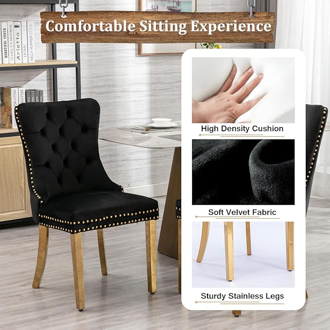 Goujxcy Glass Dining Table Set for 6, Modern Kitchen Table and Chairs Set of 6, 7-Piece Kitchen Dining Room Table Set w/51 Glass Gold Dining Table and 6 Black Velvet Upholstered Chairs