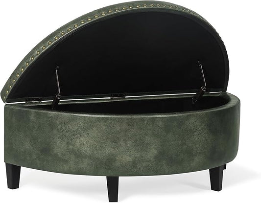 Homebeez 43" Half Moon Storage Ottoman Bench, End of Bed Storage Chest with Nailhead Trim for Entryway Living Room, Dark Green
