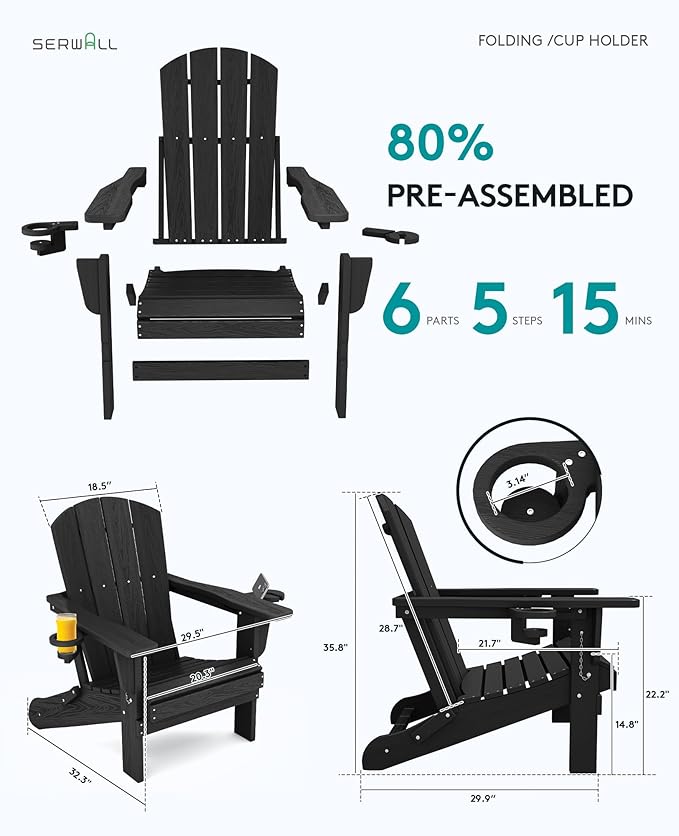 SERWALL 5-Piece Outdoor Round Coffee Table Set - 1 Table & 4 Adirondack Chairs with Cup Holders (Black)