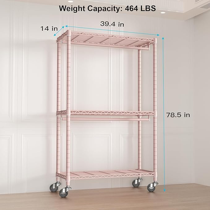 FUTASSI P3 Rolling Clothes Rack, Clothing Racks for Hanging Clothes, Heavy Duty Garment Rack with Wheels, Freestanding Portable Closet Organizer 39.4''W x 14''D x 78.5''H, Max Load 464 LBS, Pink