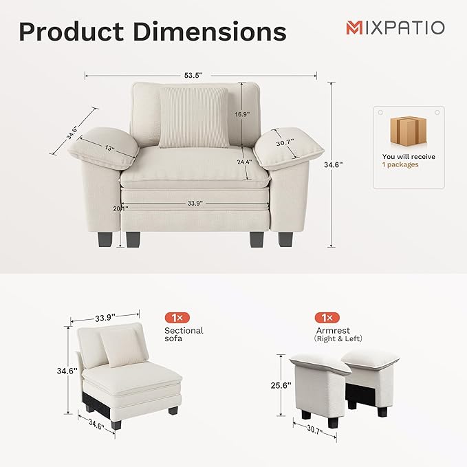 53.5" Modular Sectional Single Sofa, Soft Plush Chenille Armchair with Comfortable Deep Seat & Removable Arms for Living Room，Beige