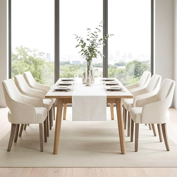 Linen Dining Chairs Set of 6, Upholstered Farmhouse Kitchen Chair Accent Chairs Side Chair with Wood Legs for Living Room/Dining Room/Bedroom/Restaurant, Upgraded Size, Cream