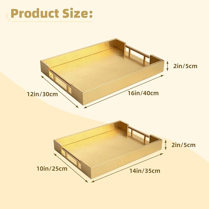 2 Piece Woven Leather Ottoman Tray with Gold Handles, Perfect Rectangular Serving Tray for Living Room, Coffee Table Home Decor Enthusiasts (Golden)