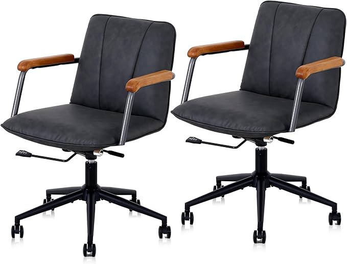 Home Office Desk Chair, Ergonomic Minimalist Faux Leather Swivel Chair with Oak Wood Armrests, Comfortable Task Chair for Computer or Study Room, 2 Pack, Charcoal Gray