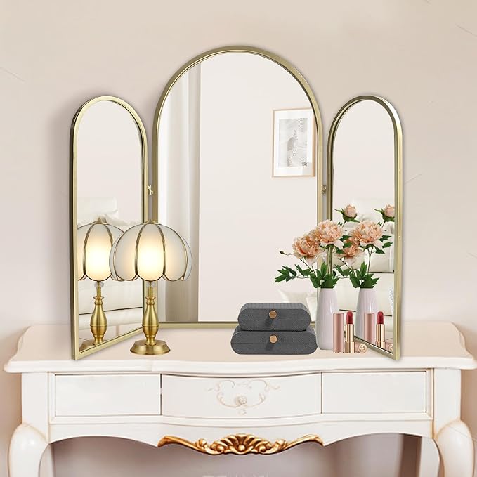 Trifold Vanity Mirrors 3 Way, 30 x 37in Adjustable Vanity Mirrors for Bathroom, Bedroom, Champaign Golden Arch Mirrors Wall Mounted Decoration, Braiding Hair, Makeup 360° Way