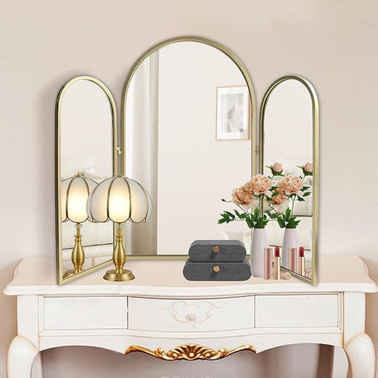 Trifold Vanity Mirrors 3 Way, 30 x 37in Adjustable Vanity Mirrors for Bathroom, Bedroom, Champaign Golden Arch Mirrors Wall Mounted Decoration, Braiding Hair, Makeup 360° Way