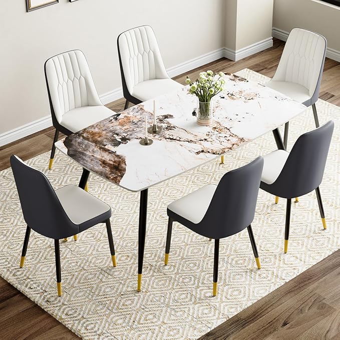 6 Person Dining Table Set, Sintered Stone Dining Table Set for 6, Kitchen Table Chairs Set of 6, Easy to Assemble