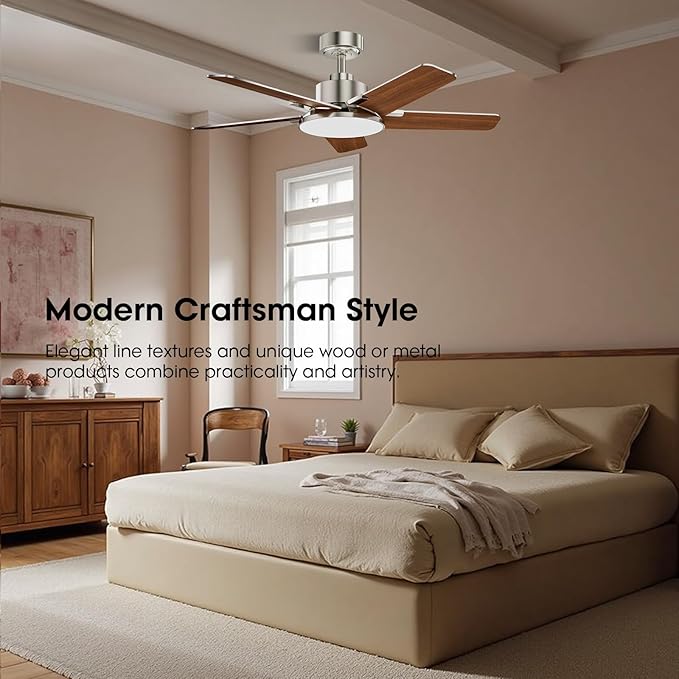 44 Inch Ceiling Fans with Lights, Modern Nickel Ceiling Fan with Dimmable LED, 6 Speeds, Timer, Quiet Reversible DC Motor, Remote Control Ceiling Fan for Bedroom, Living Room and Kitchen