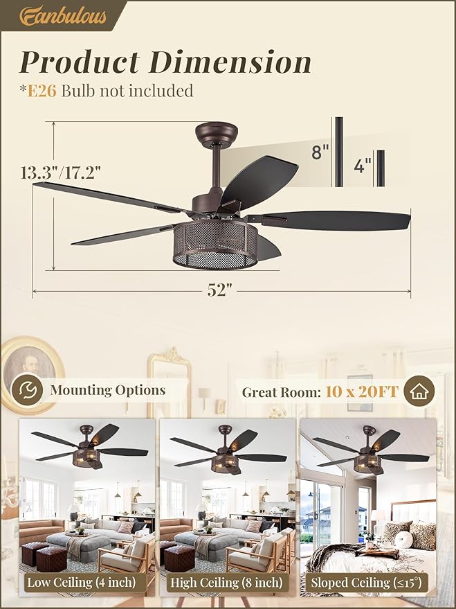Farmhouse Oil Bronze Ceiling Fans with Lights and Remote, 52 Inch Bedroom Caged Ceiling Fans for Living Room Kitchen，6 Speed Reversible Quiet DC Motor, Dual Finish 5 Blades