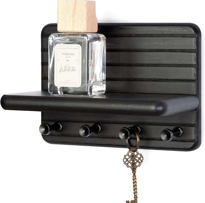 Rebee Vision Small Key Holder Wall Mount for Home Decor – Modern 7-inch Key Rack for Wall with 4 Sturdy Hooks & Mini Floating Shelf - Ideal Home Organization Solution for Small Space (Black)