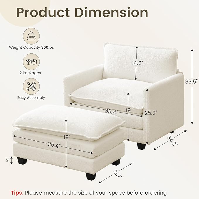 ROWHY Convertible Sectional Couch with Ottoman, Single Armchair with armrests, Modern Living Room Furniture Set, Small Couches for Small Spaces, for Living Room, Chenille, Beige