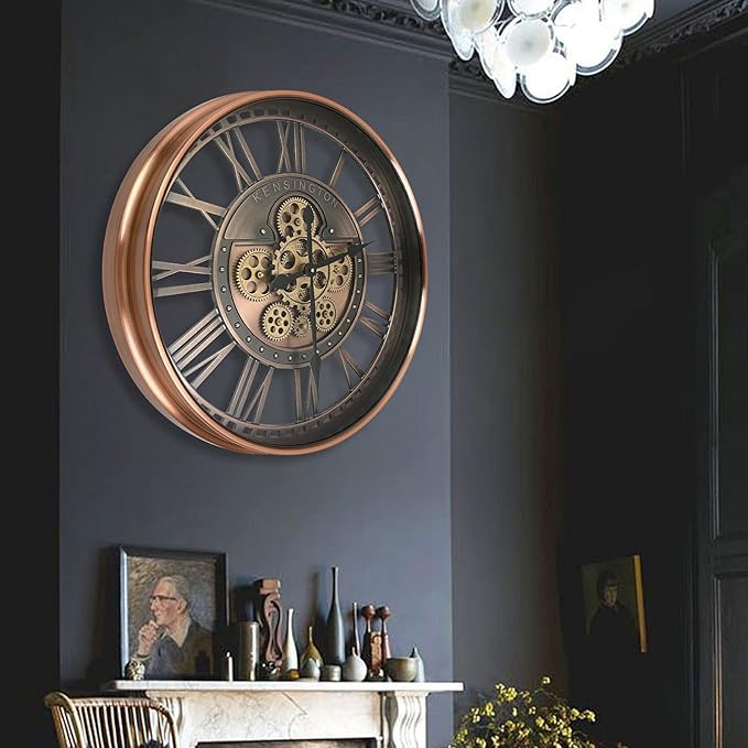 DORBOKER Real Moving Gears Wall Clock Large Modern Metal Clocks for Living Room Decor, Industrial Steampunk Unique Vintage Rustic Decorative Clock for Home Farmhouse Office, 21 Inch,Red Copper Roman