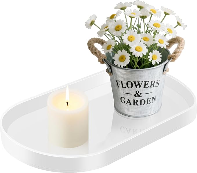 Acrylic Vanity Serving Tray–14"x8.5" Decorative Capsule Shape Tray for Bathroom, Dresser, Coffee Table – Sleek Minimalist Lucite Tray for Perfume, Jewelry, Makeup Organizer (1pack, Glossy White)