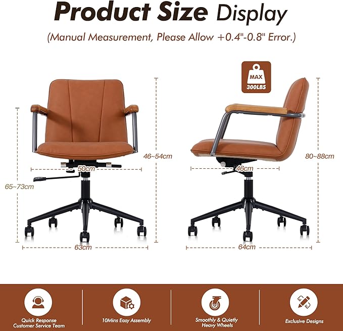 Home Office Desk Chair, Ergonomic Minimalist Faux Leather Swivel Chair with Oak Wood Armrests, Comfortable Task Chair for Computer or Study Room, 2 Pack, Rust Brown