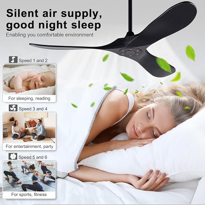 52 inch Ceiling Fan without Light, Quiet Reversible DC Motor Wood Ceiling Fan no Light, 3 Blades Modern Ceiling Fan with Remote Control for Outdoor Indoor Farmhouse Patios