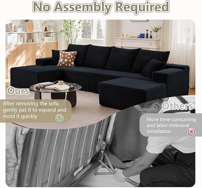 140" Sectional Cloud Couch for Living Room, Stupendous U Shaped Sofas, Modular Floor Deep-Seat Sofa, Big Comfy Corduroy Couches Set with Fluffy Memory Foam, No Assembly Required, Black