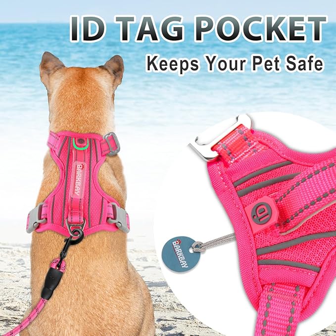BARKBAY No Pull Dog Harness 3 Buckles Large Reflective Dog Harness with Front Clip and Easy Control Handle for Walking Training Running with ID tag Pocket(Pink,S)