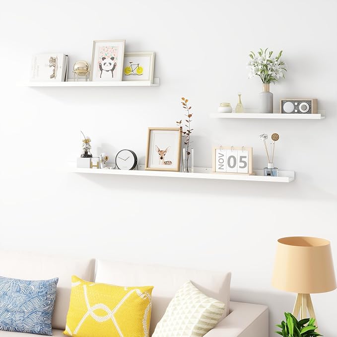 Picture Ledge Shelf, Wood Floating Shelves Set of 4, 24 inch Picture Ledge Shelves, Photo Ledge Nursery Book Shelves Wall Mounted for Living Room Kids' Room Bedroom, Color White