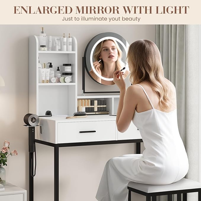 Vanity Desk with Rotating Mirror, Makeup Vanity Desk with Adjustable Mirror, 3 Colors Adjustable Light, Power Outlet, Dressing Table With 2 Drawers, Storage Shelves & Stool for Bedroom, White & Black