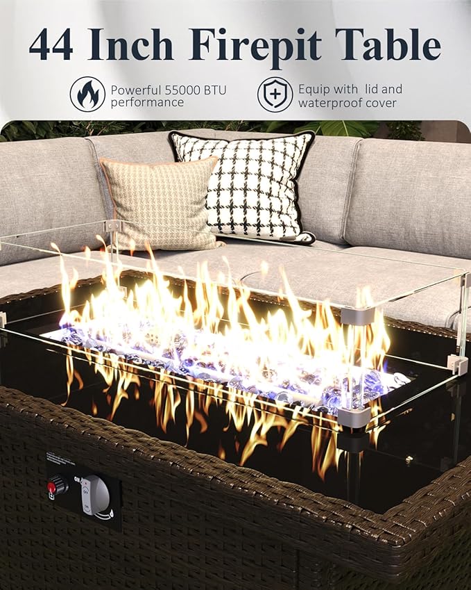 LayinSun 8-Piece Outdoor Modular Wicker Sectional Sofa with Fire Pit Table, Patio Furniture Conversation Set with Deep Seating and Thick Cushions