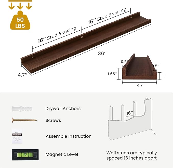 Solid Ash Wood Picture Ledge Shelf, 36 Inch Floating Shelves with Lip Set of 2, Photo Ledge Shelf Nursery Bookshelf Wall Mounted for Living Room Bedroom Decor, Walnut