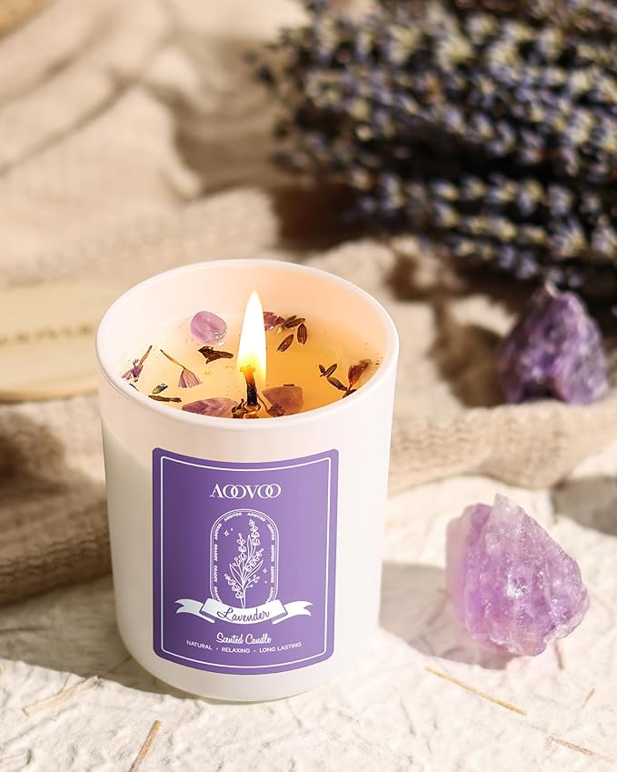 AOOVOO Lavender Candles Set for Women - 4 Pack Candles for Home Scented, Aromatherapy Candle with Crystals Inside, 28 oz 200 Hour Long Lasting, Birthday Gifts Mothers Day Candle for Women Mom