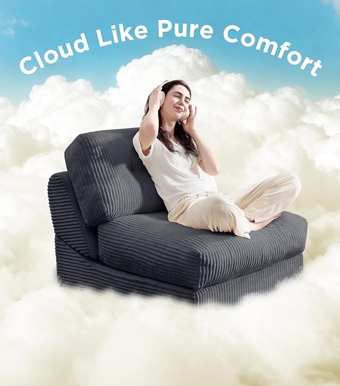 Tbfit 35.8‘’ Oversized Folding Sofa Bed, Convertible Sleeper Chair with Adjustable Back, Corduroy Folding Couch Bed, Portable & Foldable Boneless Floor Sofa for Living Room, Bedroom, Dark Grey