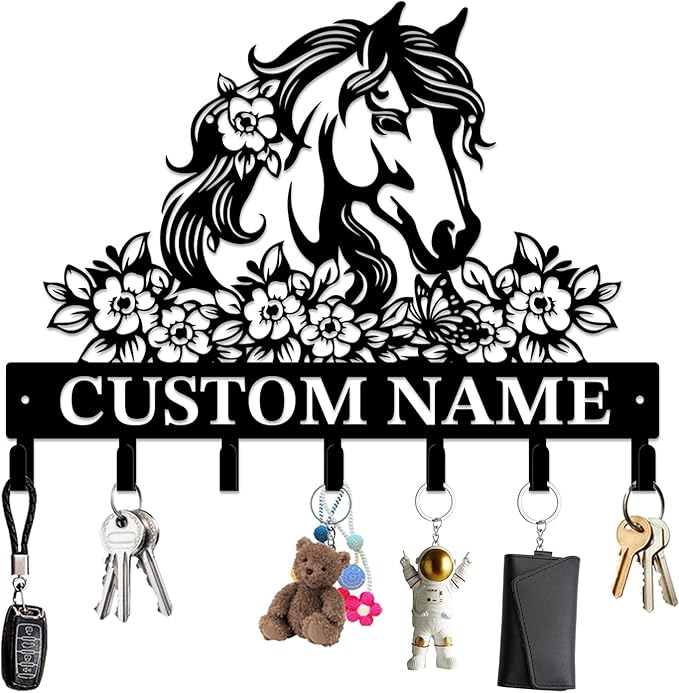 Personalized Custom Name Farm Horse Wall Key Hooks,Metal Horse Art Clothes Hooks,Metal Horse Wall Home Storage Decorative,For Front Door, Hallway, Kitchen, Bedroom,Keys,Hats (Style C)