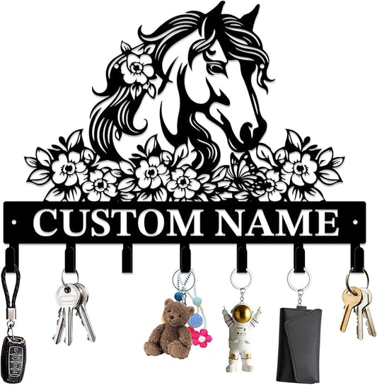 Personalized Custom Name Farm Horse Wall Key Hooks,Metal Horse Art Clothes Hooks,Metal Horse Wall Home Storage Decorative,For Front Door, Hallway, Kitchen, Bedroom,Keys,Hats (Style C)