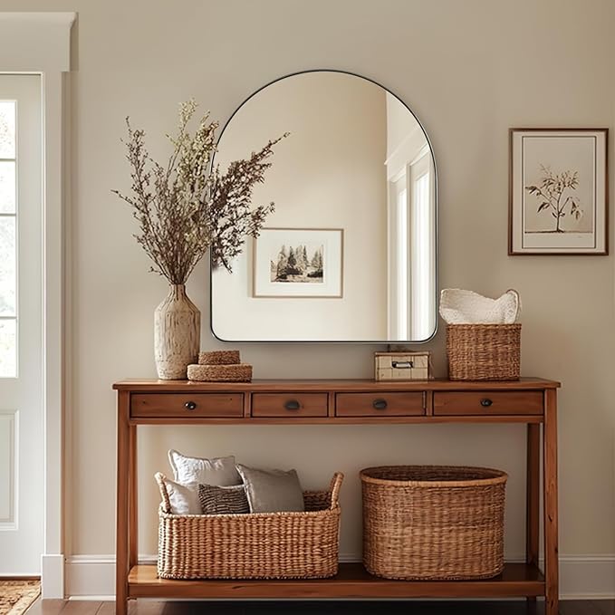 ANDY STAR Arched Mirror, 30 x 36 Inch Brushed Nickel Wall Mirror in Stainless Steel Metal Frame, Arch Top Rounded Corner 1 Inch Deep Set Design Wall Mount Hangs Vertical