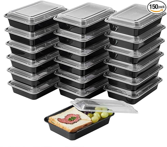 FULING 150 Pack Meal Prep Plastic Food Storage Containers With Lids 28 oz 1 Compartment Black Rectangular Reusable To Go Lunch Prepping Boxes BPA-Free Microwavable Freezer Dishwasher Safe Stackable