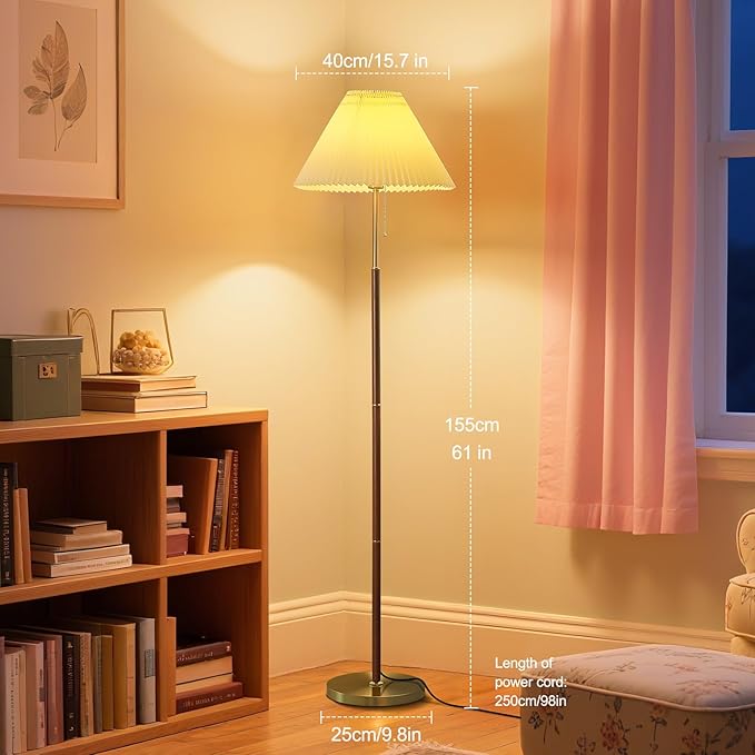 Pleated Lampshade Tall Floor Lamp for Living Room Corner Bedroom Bedside Office, Brown Pole Lamp, Bright 12W Dimming Reading Light, Modern Cute Unique Retro Standing lamp,Farmhouse Vintage Home Decor