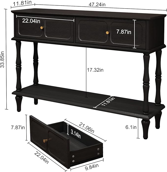 ARTPOWER Mid-Century Console Table for Entryway with 2 Drawers, Black Retro Entryway Table with Storage Cabinets and Open Shelf, Narrow Long Couch Table Behind Sofa for Living Room, Foyer, Hallway