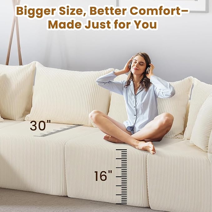 Oversize 131” Boneless Couch for Living Room, Comfort L Shaped Cloud Couch Sectional, Extra Deep Seats Corduroy Modular Sectional Sofa No Assembly,Beige