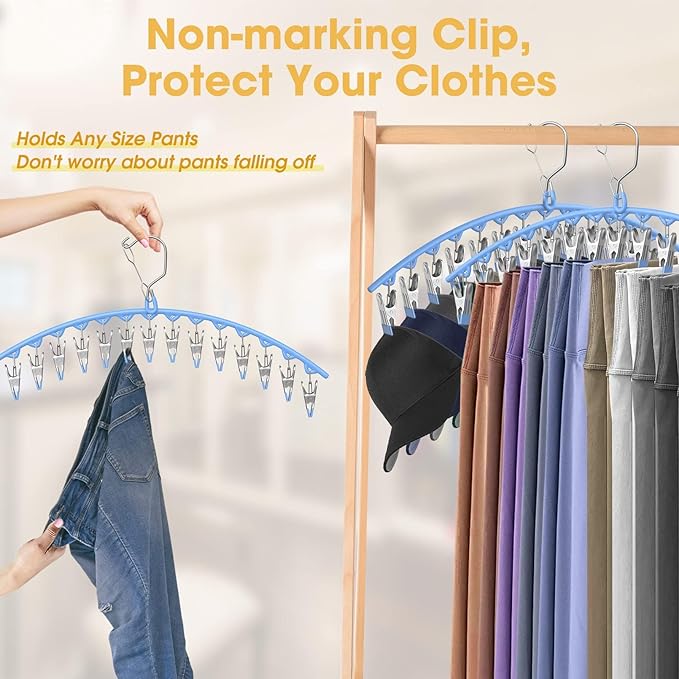 Upgrade Skirt Pants Hangers with Clips, Metal Legging Organizer for Closet with 15 Cilps Holds 60 Leggings/Shorts/Jeans/Skirts Pants Hangers Space Saving Closet Organizers and Storage, Blue 4Pack