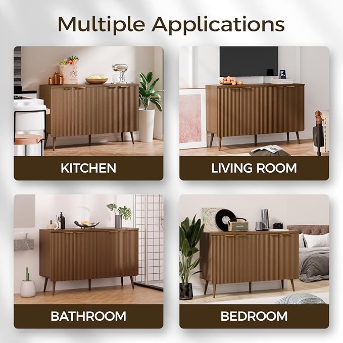 4-Door Fluted Sideboard Buffet Cabinet, 47" Large Storage Cabinet with Shleves, Wood Modern Accent Credenza Kitchen Table for Dining Room, Living Room & Entryway, Walnut