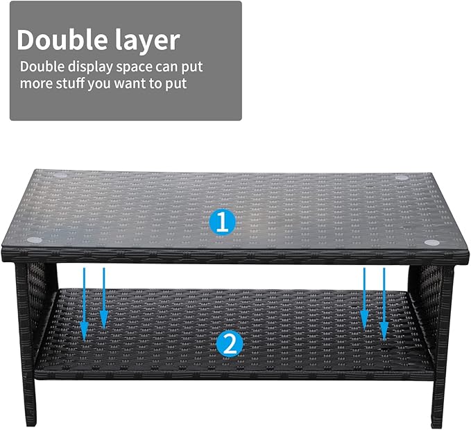 Outdoor Wicker Coffee Table Patio Furniture Garden Rattan 2-Layer Glass Table with Storage and Furniture Cover, Black