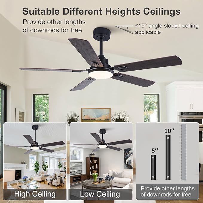 BOOMJOY 52 inch Ceiling Fans with Lights and Remote, Black Ceiling Fan with Light, Modern Ceiling Fan for Bedroom, Low Profile Outdoor Ceiling Fan for Patios, Reversible, 3 Color Memory LED, DC Motor