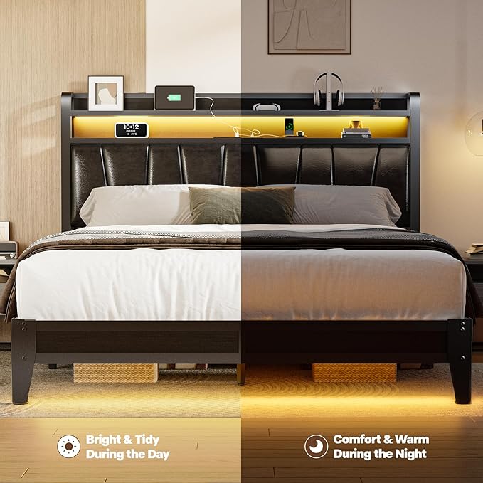 Full Size Bed Frame with 2-Tier Storage Shelves, LED Bed Frame with PU Leather Headboard, Metal Platform Bed with Charging Station, Noise Free, No Box Spring Needed, Easy Assembly, Black