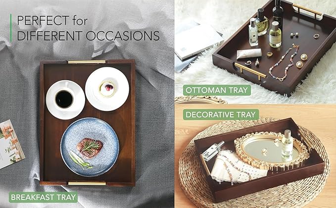 Joy&Grace Ottoman Tray for Living Room 16.7 x 12.8 inch Large Acacia Wooden Serving Tray with Handles for Coffee Table, Breakfast in Bed, Food Dinner, Decorative Rectangular Tray (Color Brown)