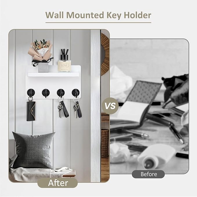 Nekon Key Holder Wall Mount, 8.5 Inch Small Home Decor Wooden Wall Organizer with 4 Hooks and Shelf, Wall Decor for Living Room Entryway Kitchen (White)
