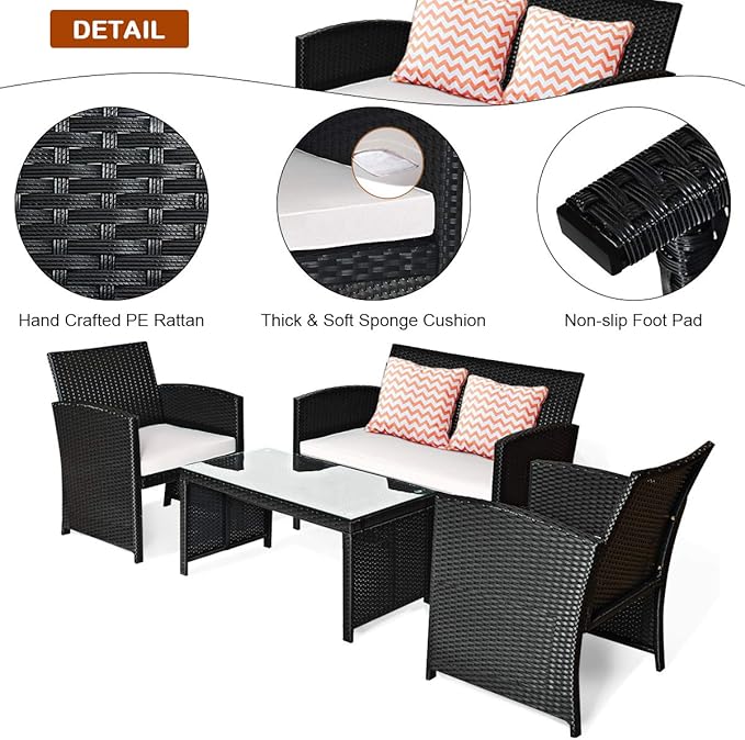 Tangkula Patio Wicker Conversation Furniture Set, Patiojoy Sofa & Table Set w/4 Seats, Outdoor Rattan Sofa Set for Balcony Backyard, Wicker Chair Set with Tempered Glass Coffee Table (1, White)
