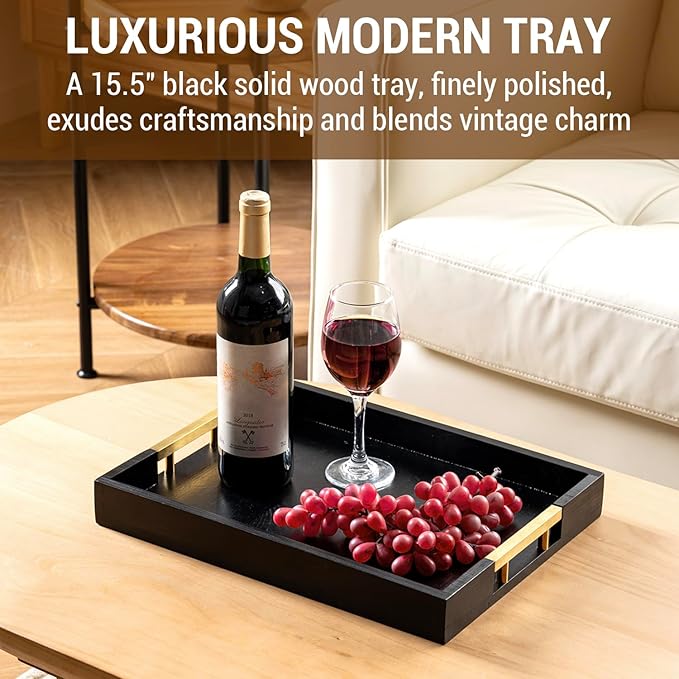 MyGift 15.5 Inch Decorative Ottoman Tray, Designer Vintage Black Solid Wood Serving Platter with Gold Tone Metal Handles, Coffee Table Kitchen Home Decor